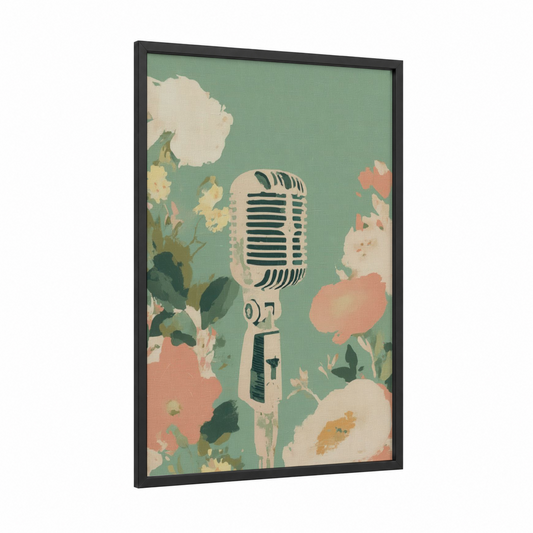 Vintage Microphone Blooms framed art print — black wood frame — sage green and cream palette