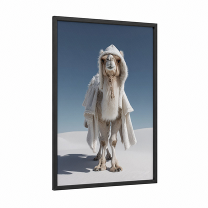 Desert Camel Portrait framed art print — black wood frame — white and blue palette