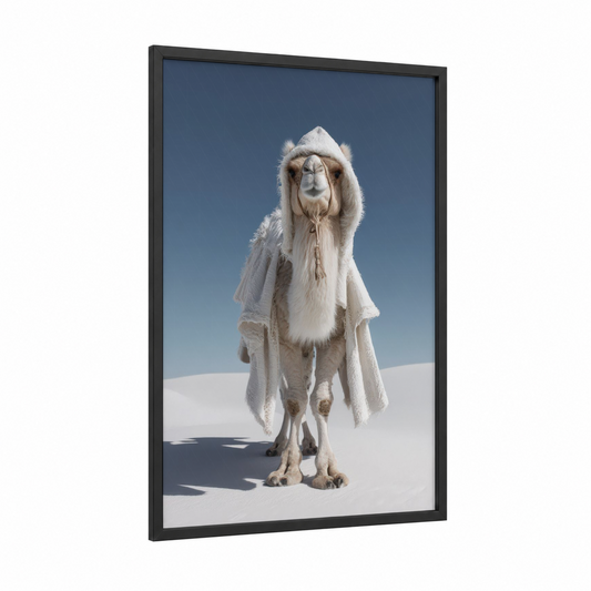 Desert Camel Portrait framed art print — black wood frame — white and blue palette