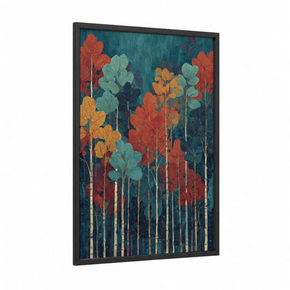 Autumn Birch Forest framed birch tree print — black wood frame — teal and orange palette