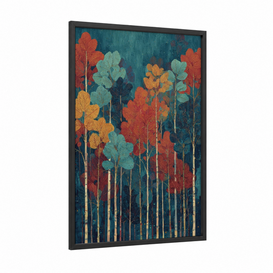 Autumn Birch Forest framed birch tree print — black wood frame — teal and orange palette