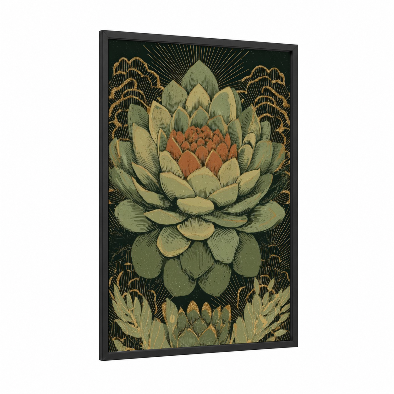 Golden Succulent framed art print — black wood frame — sage green and gold palette