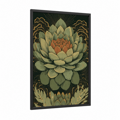 Golden Succulent framed art print — black wood frame — sage green and gold palette