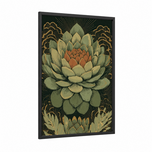 Golden Succulent framed art print — black wood frame — sage green and gold palette