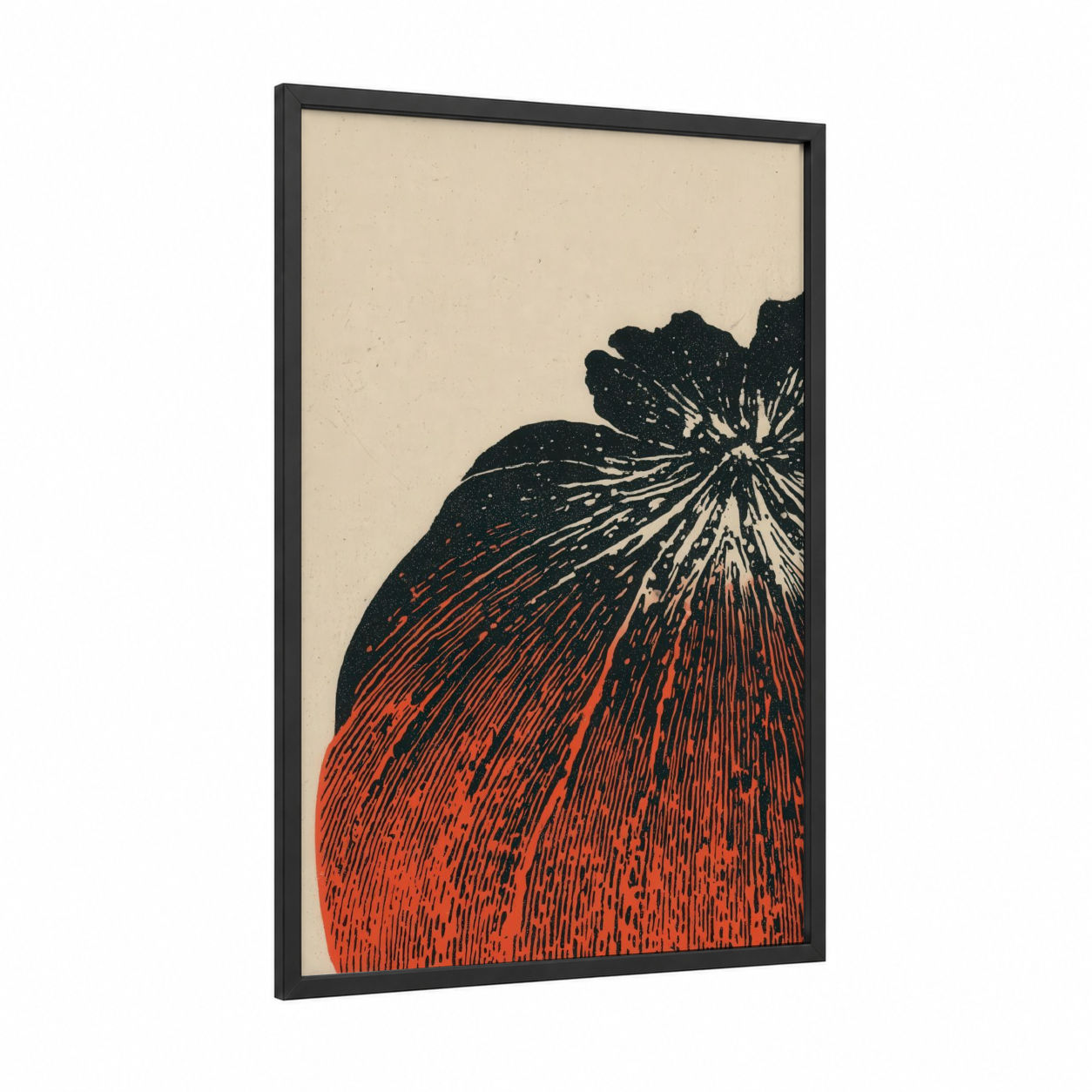 Crimson Pomegranate framed fruit print — black wood frame — red and black palette