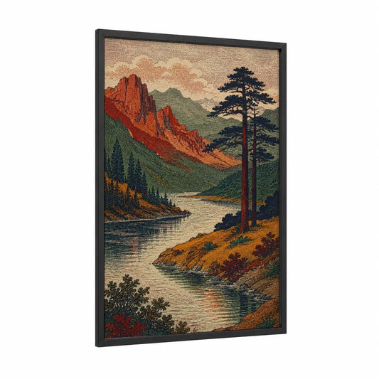 Mountain River Pine Forest Wall Art framed art print — black wood frame — orange and green palette