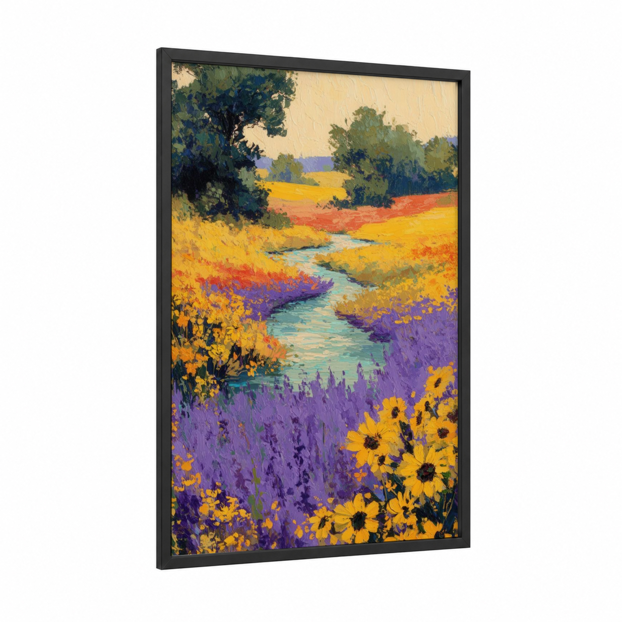 Wildflower River framed rivers print — black wood frame — yellow gold and purple palette