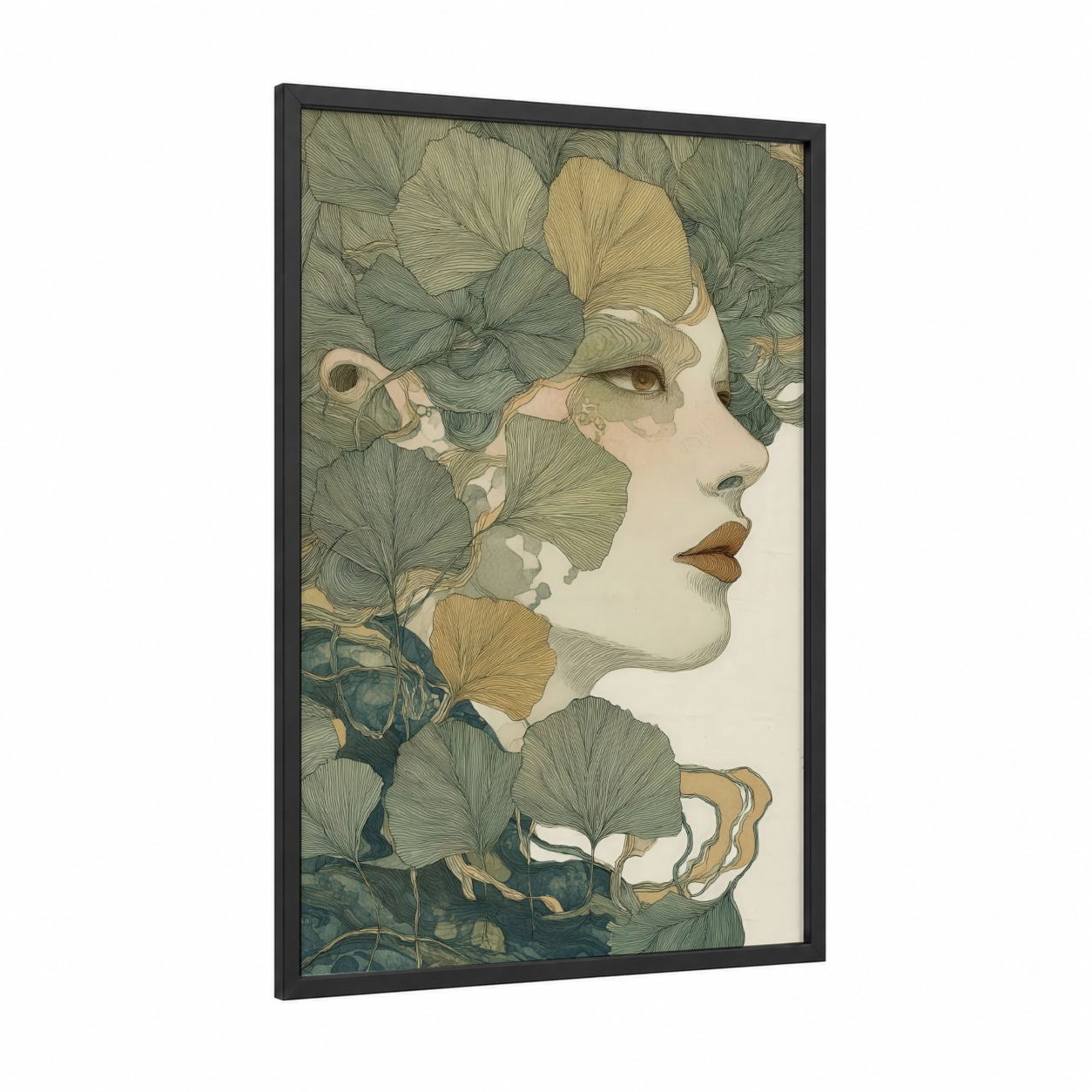 Ginkgo Reverie framed linden tree print — black wood frame — sage green and cream palette