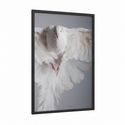 Ascending White Pigeon framed art print — black wood frame — white and gray palette