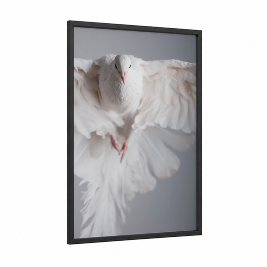 Ascending White Pigeon framed art print — black wood frame — white and gray palette