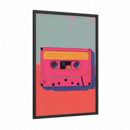 Neon Cassette framed casette print — black wood frame — magenta and gold palette