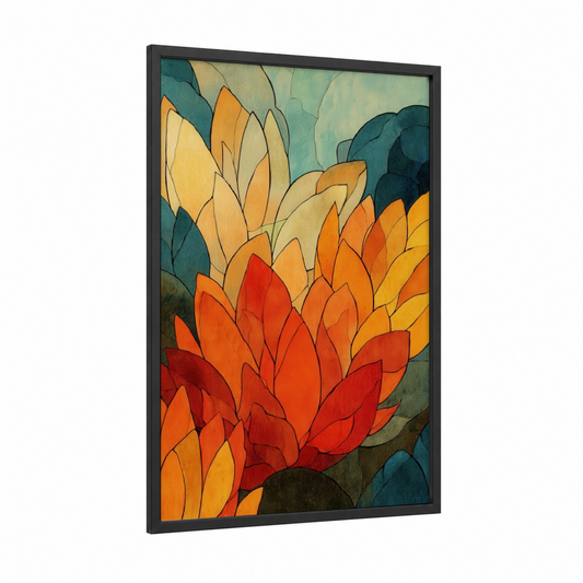 Crimson Lotus Bloom framed art print — black wood frame — red and gold palette
