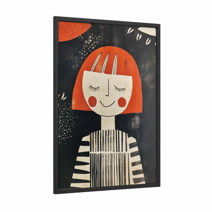 Happy Girl Illustration framed art for girl print — black wood frame — red and black and white palette