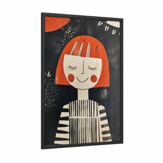 Happy Girl Illustration framed art for girl print — black wood frame — red and black and white palette