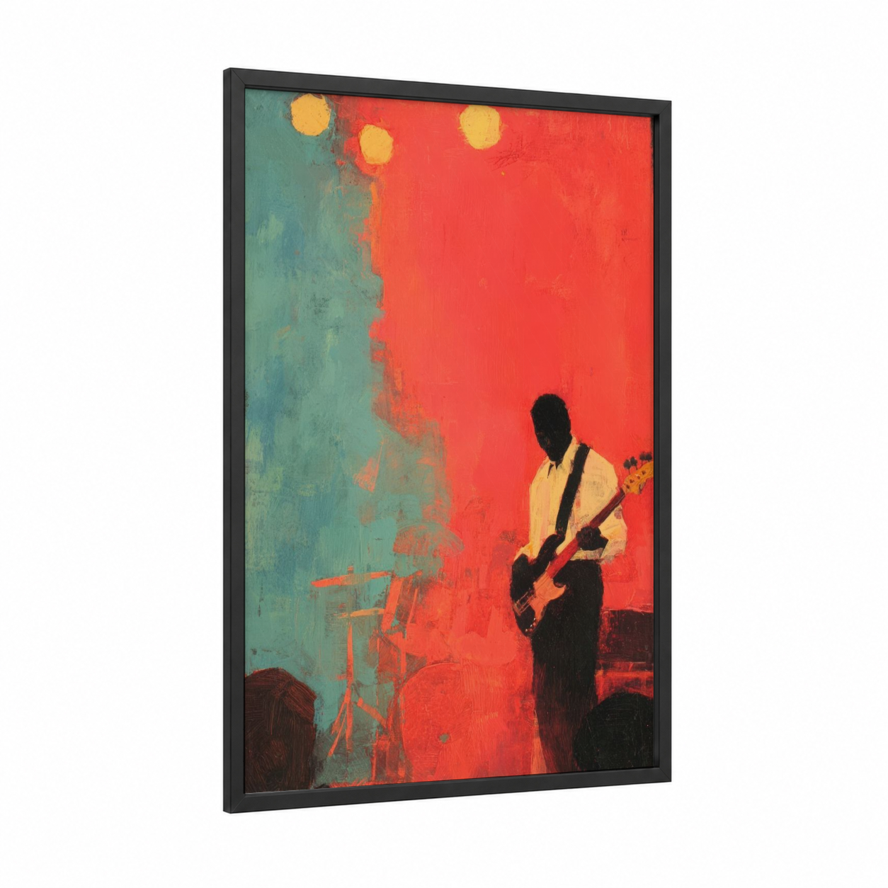Neon Stage Performer framed bass guitar print — black wood frame — red and teal palette