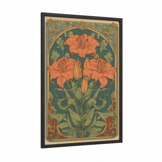 Coral Lily Triptych framed art print — black wood frame — orange and teal palette