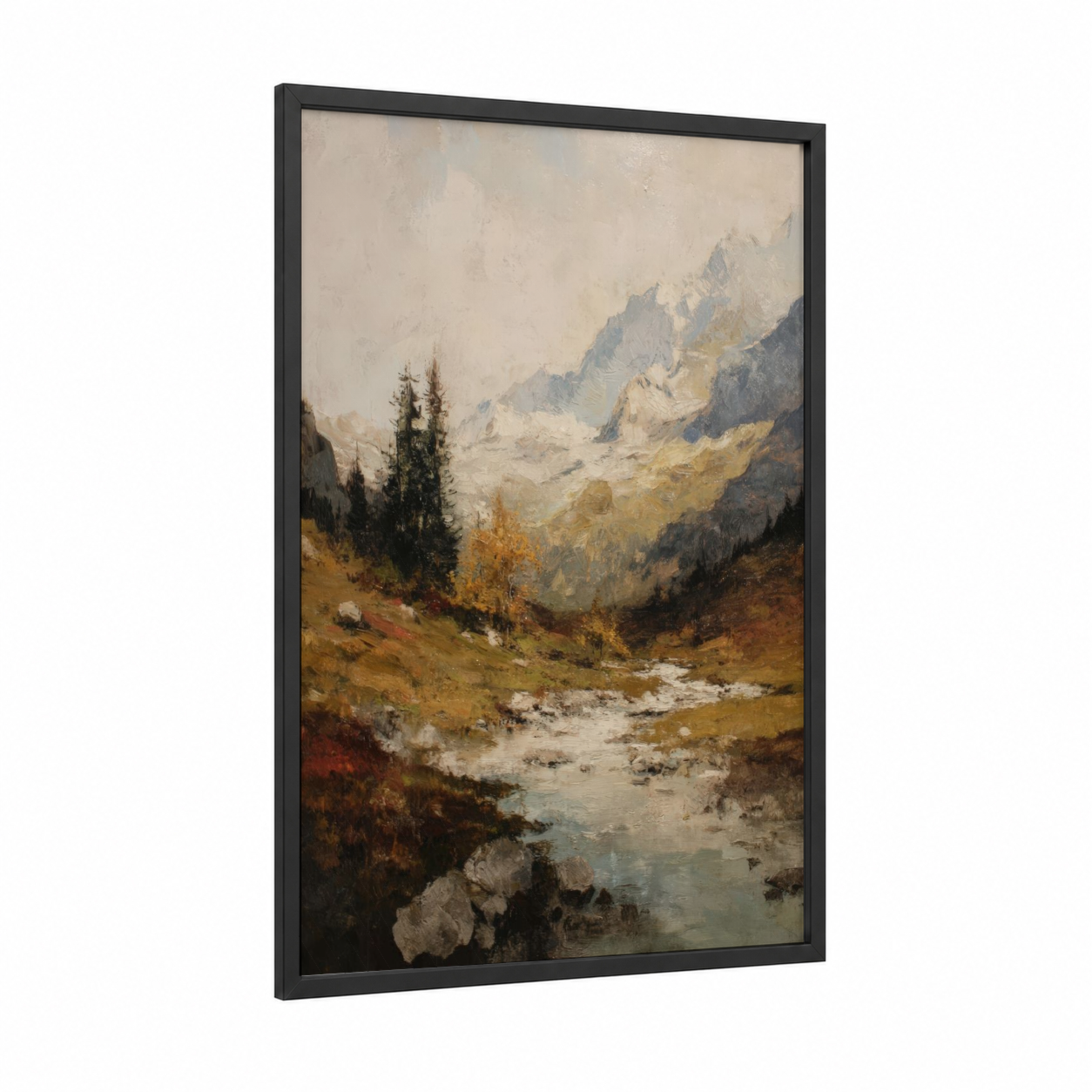 Alpine Autumn Valley framed alps print — black wood frame — cream and gold palette