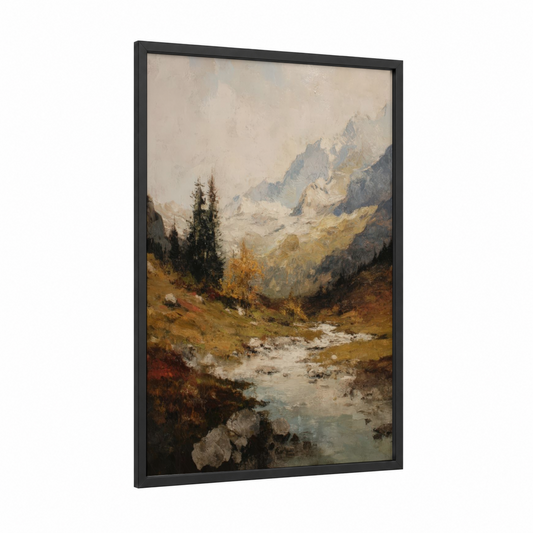 Alpine Autumn Valley framed alps print — black wood frame — cream and gold palette
