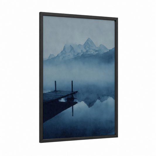 Misty Mountain Dock framed docks and piers print — black wood frame — blue and gray and gray and white palette