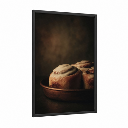 Cinnamon Rolls Warm framed baking print — black wood frame — brown and cream palette