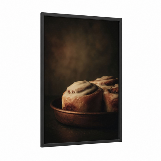 Cinnamon Rolls Warm framed baking print — black wood frame — brown and cream palette