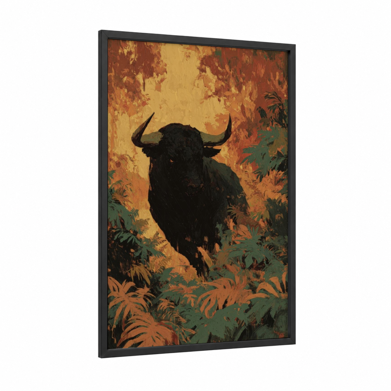 Autumn Taurus framed art print — black wood frame — gold and russet palette