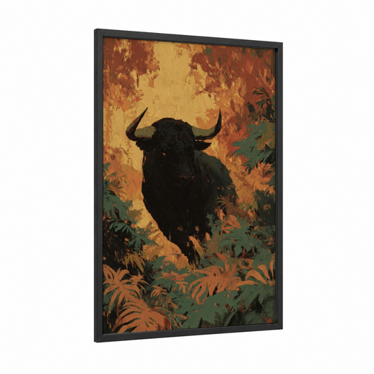 Autumn Taurus framed art print — black wood frame — gold and russet palette