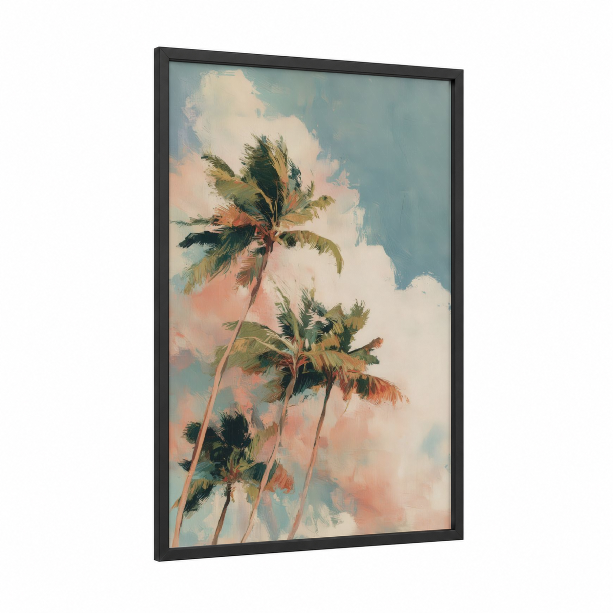 Tropical Palms Dream framed palm forest print — black wood frame — peach and blue palette