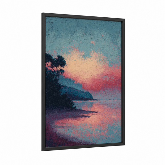 Coastal Sunset Silhouette framed sandy beach print — black wood frame — blue and salmon pink palette