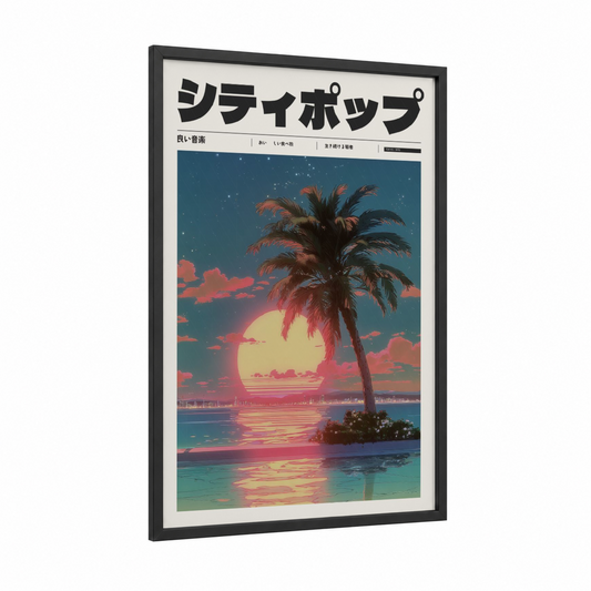 Tropical Sunset Paradise framed anime and manga print — black wood frame — rose gold and turquoise palette