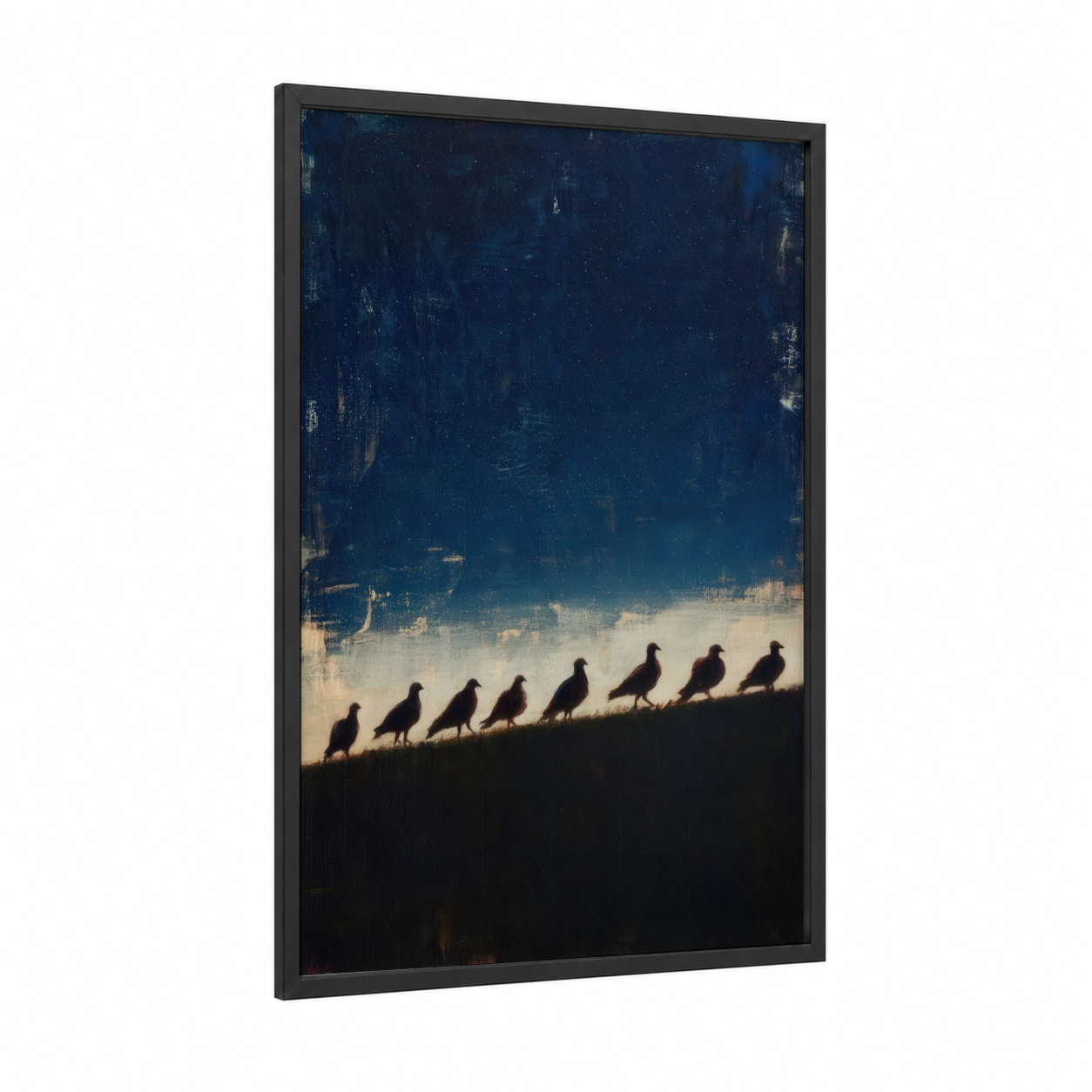 Doves in Flight framed art print — black wood frame — dark blue and gold palette