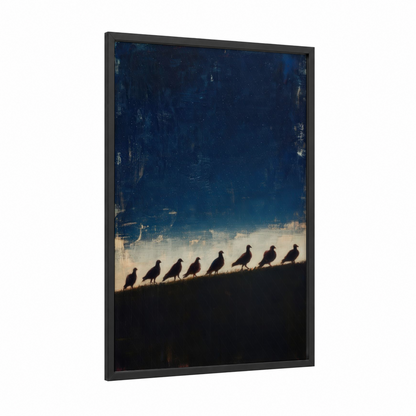 Doves in Flight framed art print — black wood frame — dark blue and gold palette