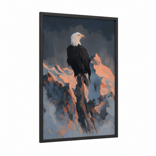 Alpine Eagle framed art print — black wood frame — gold and gray palette
