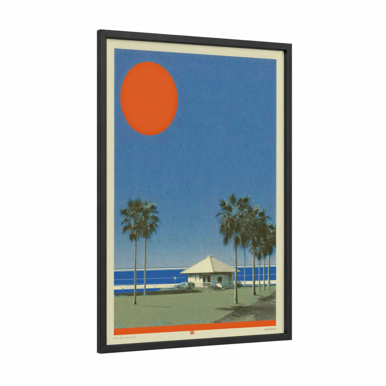 Sunset Beach Pavilion framed japanese y2k print — black wood frame — orange and blue palette