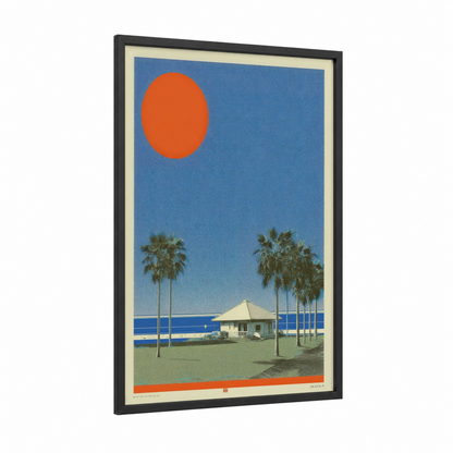 Sunset Beach Pavilion framed japanese y2k print — black wood frame — orange and blue palette