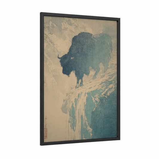 Alpine Yak framed art print — black wood frame — teal and cream palette