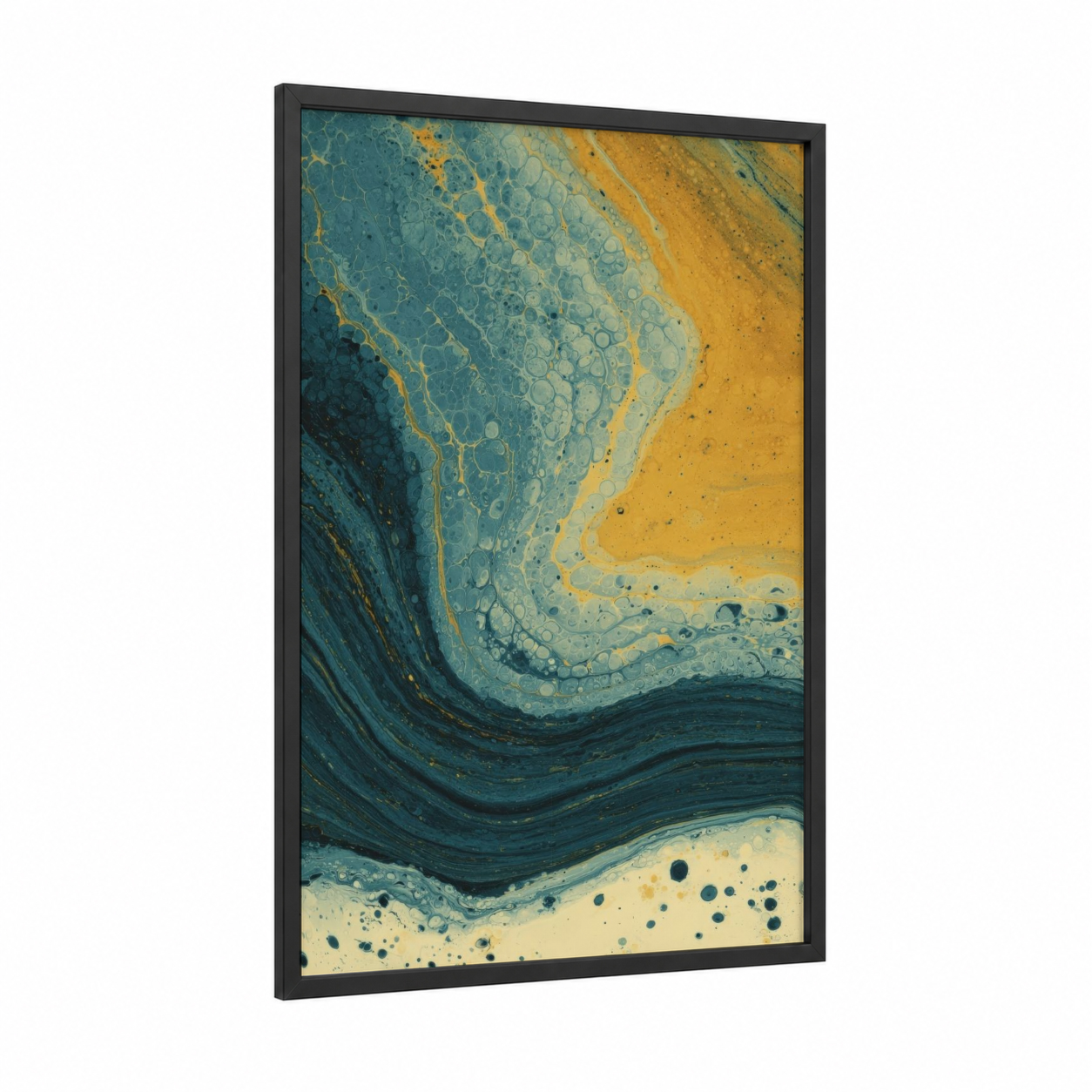 Golden Liquid Swirl framed fruit print — black wood frame — gold and teal palette