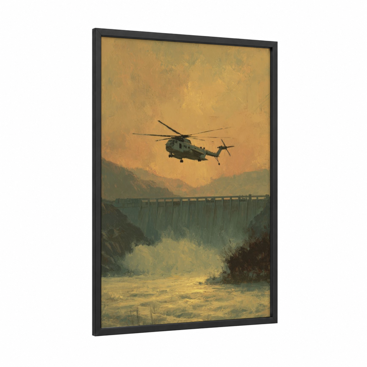 Golden Hour Helicopter framed art print — black wood frame — gold and russet palette