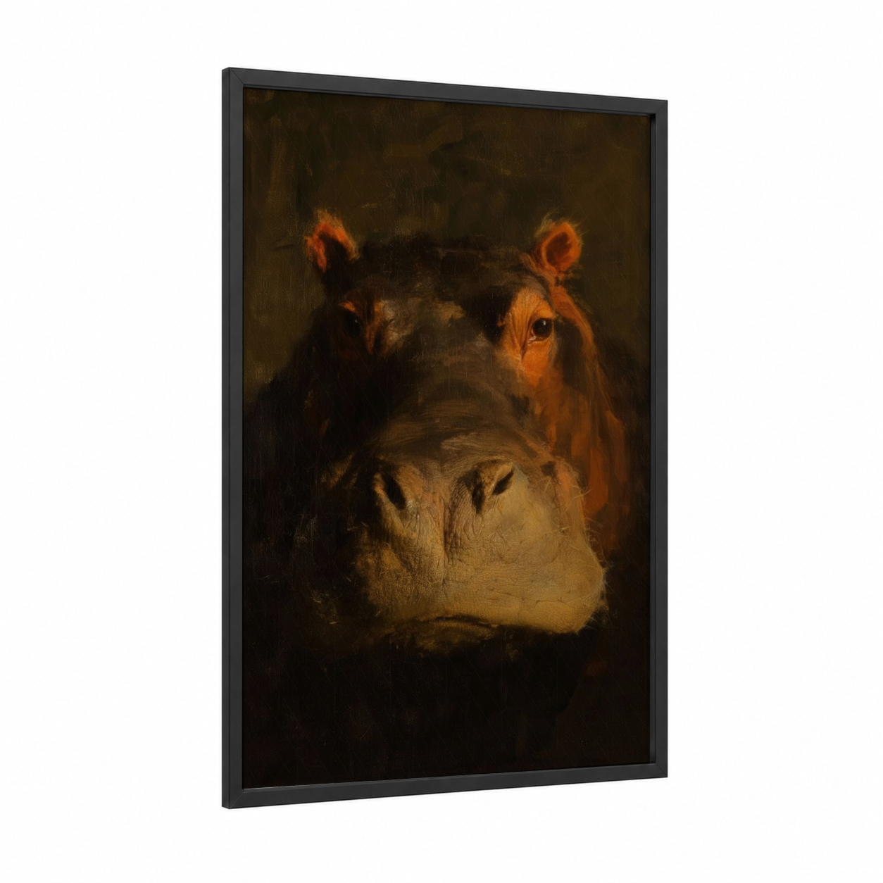 Golden Hippo Portrait framed art print — black wood frame — gold and brown palette