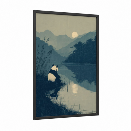 Moonlit Panda framed art print — black wood frame — blue and white and dove gray palette