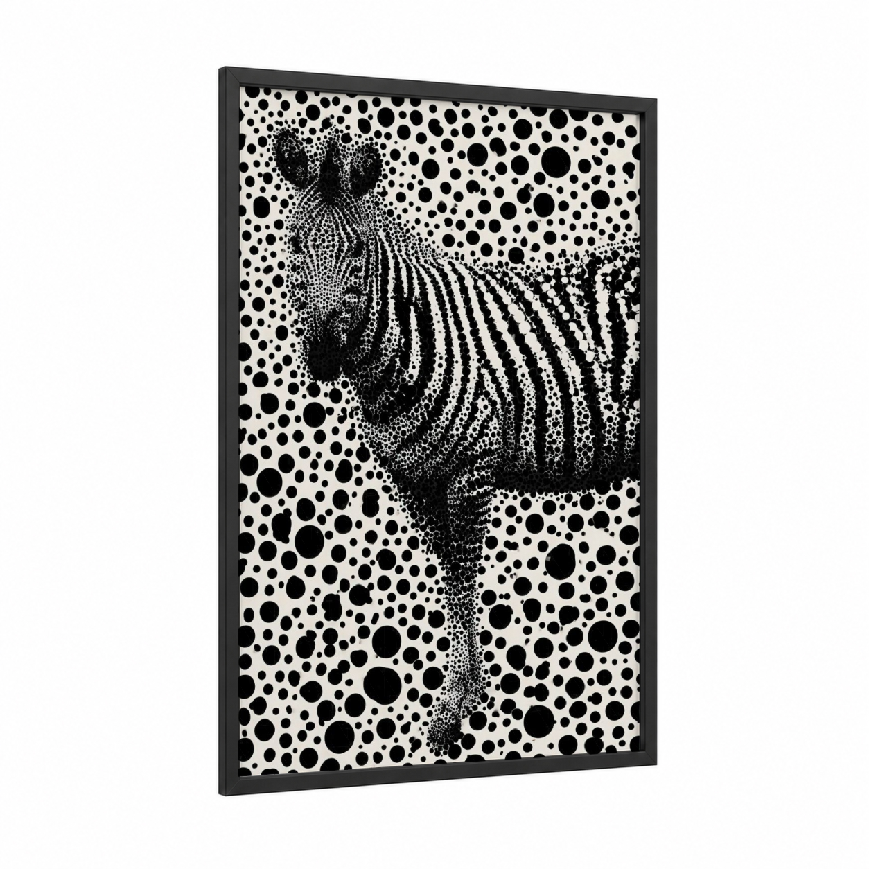 Dotted Zebra framed art print — black wood frame — black and white palette