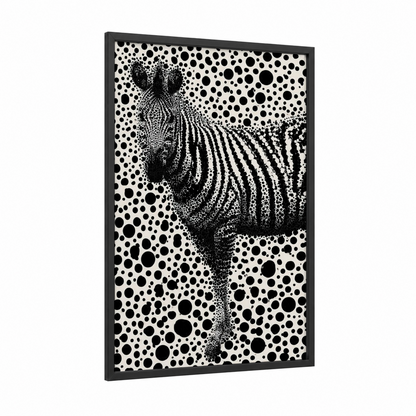 Dotted Zebra framed art print — black wood frame — black and white palette