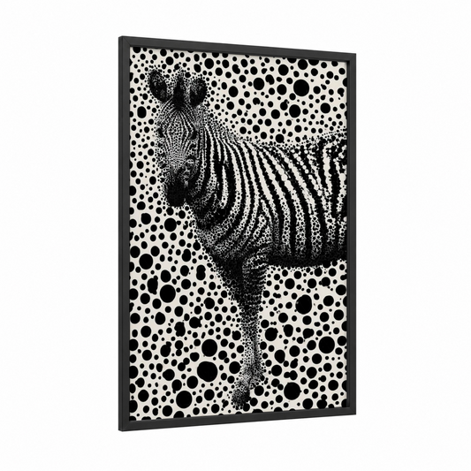 Dotted Zebra framed art print — black wood frame — black and white palette