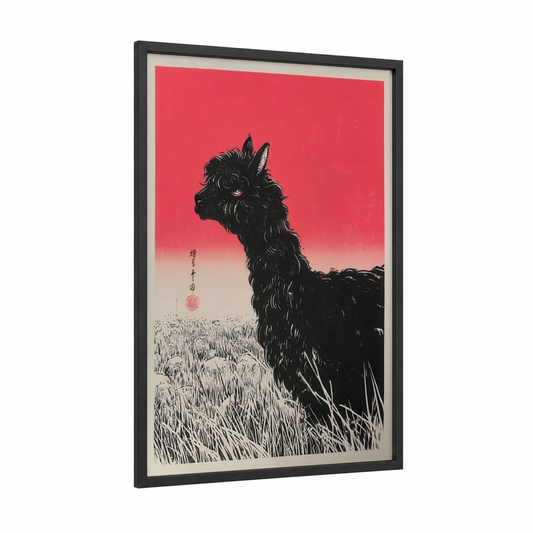 Crimson Alpaca framed art print — black wood frame — black and gold and cream palette