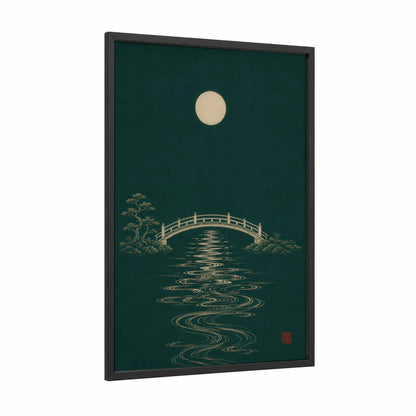 Japanese Bridge Moonlight Reflection Wall Art framed bridges print — black wood frame — dark green and beige palette