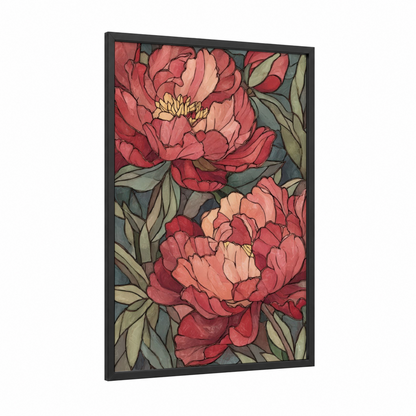 Crimson Peony Blooms framed art print — black wood frame — red and sage green palette