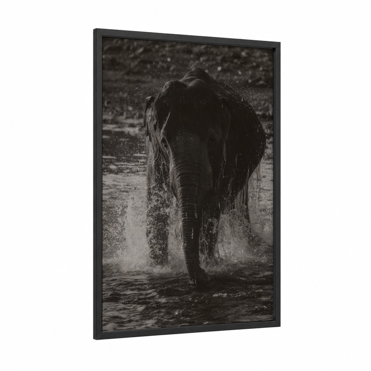 Charging Elephant framed asian elephant print — black wood frame — black and white palette
