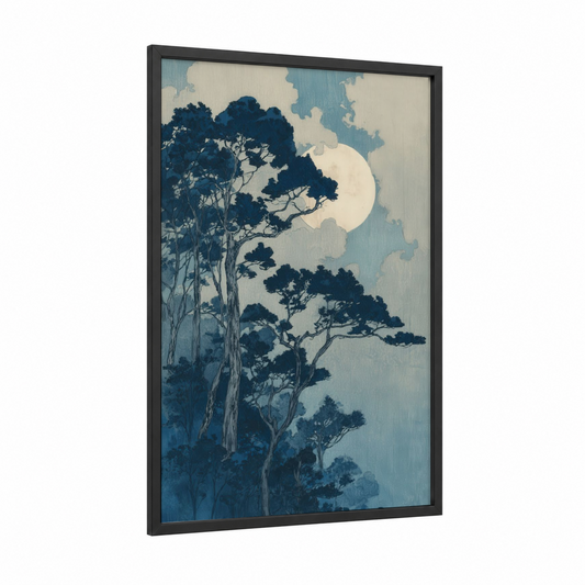 Moonlit Kauri framed kauri tree print — black wood frame — dark blue and cream palette