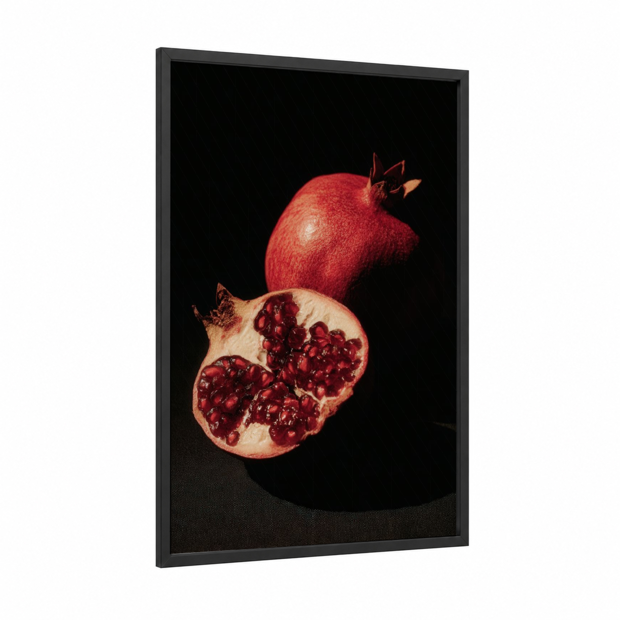 Ruby Pomegranate framed fruit print — black wood frame — red and gold palette