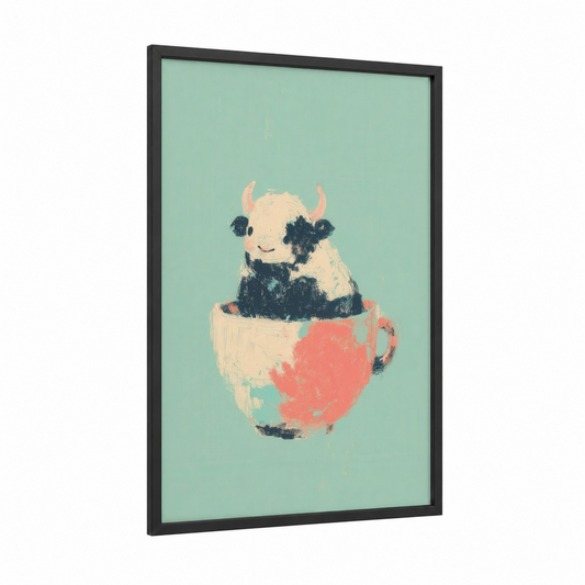 Teacup Yak framed art print — black wood frame — light green and peach palette